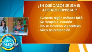 Imagen de un segmento del programa matutino Venga la Alegría que muestra un panel naranja con texto que enumera casos para usar acetato ulipristal cuando algún método falló, se rompió el condón, no se tomaron las pastillas o hubo sexo sin protección, junto a dos presentadoras y el logo del programa, Acetato de ulipristal ventajas y desventajas: eficacia y riesgos clave.
