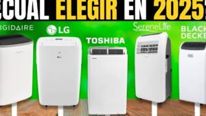 Imagen de comparativa accesible y optimizada para buscadores que muestra cinco aires acondicionados portátiles blancos de marcas reconocibles alineados sobre un suelo de madera frente a un fondo verde, con paneles frontales, rejillas y ruedas visibles para destacar diseño, tamaño y funcionalidad y facilitar la elección del modelo, Aire acondicionado portátil ventajas y desventajas: ¿es ideal para ti?