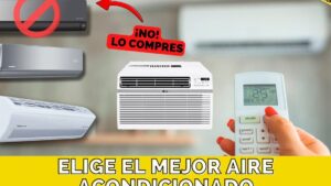 Miniatura que muestra un collage informativo con varias unidades split montadas en pared, un equipo de ventana centrado, una mano con control remoto y uñas rojas apuntando al aire, iconos de advertencia como un círculo rojo tachado y un letrero «¡NO! LO COMPRES», sobre una franja amarilla con el texto ELIGE EL MEJOR AIRE ACONDICIONADO, diseñada para comparar modelos y destacar Ventajas y desventajas del aire acondicionado split para elegir bien