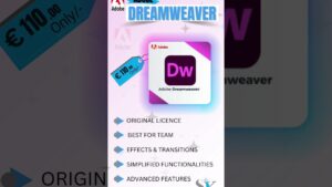 Cartel publicitario vertical que muestra el icono y logotipo de Adobe Dreamweaver sobre un fondo degradado rosa y azul, una etiqueta de precio destacada y una lista en viñetas en inglés con características como licencia original, trabajo en equipo, efectos y funciones avanzadas, presentado con contraste y jerarquía visual pensados para mejorar la accesibilidad y el SEO y comunicar claramente Adobe Dreamweaver CC: ventajas y desventajas para diseñadores web