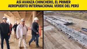 Fotografía compuesta que muestra en la izquierda a un grupo de personas con cascos y ropa de obra caminando por el interior de una terminal en construcción y, a la derecha, una vista aérea del extenso edificio aeroportuario en obra sobre terreno abierto, Ventajas y desventajas del aeropuerto de Chinchero: impacto clave, para contextualizar el avance, la escala y los posibles efectos ambientales y sociales del proyecto.