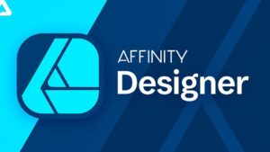 Logotipo de Affinity Designer con un icono cuadrado redondeado en tonos turquesa y cian que forma una figura geométrica triangular a la izquierda, tipografía blanca y moderna que lee "AFFINITY Designer" sobre un fondo azul degradado con franjas diagonales, diseñado para ilustrar Ventajas y desventajas de Affinity Designer: ¿vale la pena?