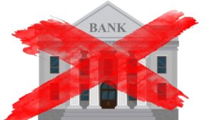 Fachada de banco clásico con columnas y la palabra BANK en el frontón, cubierta por una gran cruz roja de acuarela que sugiere rechazo y riesgo, planteando Ventajas y desventajas de ahorrar en un banco: ¿es seguro y rentable?