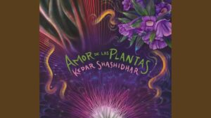 Portada ilustrada en tonos púrpura y verde con un estallido floral central de filamentos rosa y blanco, flores moradas y hojas en la esquina superior derecha, líneas y cintas doradas ondulantes alrededor y tipografía manuscrita que dice "Amor de las Plantas", Ventajas y desventajas del ajo sacha: poder y riesgos reales