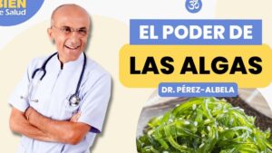 Imagen promocional que muestra a una persona con bata médica y estetoscopio sonriente a la izquierda, un bloque de texto que resalta "El poder de las algas" y a la derecha un primer plano de algas marinas en un bol para ilustrar contenido informativo sobre biocombustibles, salud y sostenibilidad; Ventajas y desventajas de usar algas como fuente de energía
