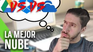 Miniatura que muestra a un hombre pensativo junto a un portátil desenfocado y un bocadillo con iconos de Google Drive, Dropbox y OneDrive y texto grande "LA MEJOR NUBE", que sugiere una comparativa de servicios de almacenamiento en la nube y plantea 'Ventajas y desventajas de un NAS: ¿es la mejor opción para ti?'.