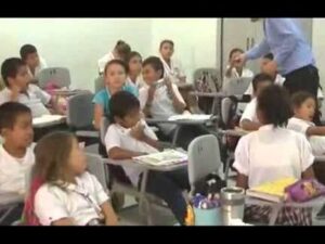 Aula escolar con varios niños sentados en pupitres mientras una docente interactúa y otros alumnos observan, fotografía adecuada para ilustrar Ventajas y desventajas de ser bilingüe y su impacto en la mente en contenidos sobre educación, aprendizaje infantil y enseñanza bilingüe.