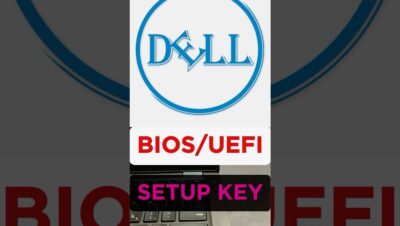 Logotipo de Dell en la parte superior, texto destacado "BIOS/UEFI" en rojo en el centro y una franja negra con la leyenda magenta "SETUP KEY" sobre un teclado de portátil, ilustrando Ventajas y desventajas de bios y uefi para tu pc