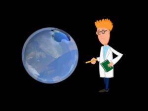 Ilustración que muestra a un científico caricaturesco de cabello naranja, gafas y bata blanca sosteniendo un cuaderno verde y señalando con un lápiz un globo terráqueo translúcido con un hueco en la capa superior que sugiere daño atmosférico — Ventajas y desventajas de la destrucción de la capa de ozono