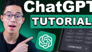 Miniatura que muestra a una persona joven con gafas señalando el texto grande "ChatGPT TUTORIAL", el logotipo de ChatGPT y una pantalla con la frase "LEARN FAST", diseñada como guía visual para aprender sobre la herramienta y optimizada para búsquedas informativas, Ventajas y desventajas de Chat GPT en la educación: impacto real.