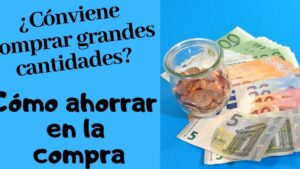 Banner informativo sobre ahorro con fondo azul que plantea si conviene comprar grandes cantidades y muestra a la derecha un frasco con monedas y billetes de euros extendidos como ejemplo de ahorro; Ventajas y desventajas al comprar en grandes cantidades: ¿te conviene?
