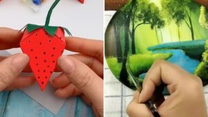 Composición en dos paneles que muestra a la izquierda manos manipulando una fresa artesanal roja de papel con puntitos negros y hojas verdes sobre una mesa de madera pintada en azul, y a la derecha una mano sosteniendo un pincel mientras pinta un paisaje luminoso en una superficie circular con árboles, pradera y un río azul, Qué ventajas y desventajas tienen los zurdos: secretos únicos