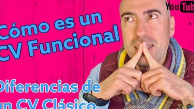 Miniatura de vídeo con fondo rosa y texto grande sobre "Cómo es un CV Funcional" y "Diferencias de un CV Clásico", que muestra a un hombre calvo con bufanda y chaqueta en actitud pensativa junto al logo de YouTube, Ventajas y desventajas del cv funcional: descubre si es ideal para ti