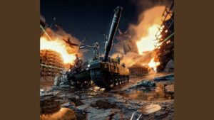 Imagen de batalla urbana con un tanque blindado avanzando entre escombros y charcos reflectantes, soldados sobre el vehículo, aviones sobrevolando, explosiones que iluminan edificios en llamas y objetos militares dispersos en primer plano que transmiten una escena dramática y caótica; Ventajas y desventajas de Dall E: descubre si vale la pena usarlo hoy