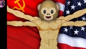 Imagen que muestra una figura humana dorada de estilo vitruviano con cabeza de emoji de mono y brazos extendidos frente a las banderas de la Unión Soviética (hoz y martillo) y de Estados Unidos, simbolizando la comparación ideológica y Ventajas y desventajas de la derecha e izquierda: impactos clave.