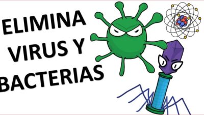 Ilustración sobre fondo blanco con el texto en mayúsculas "ELIMINA VIRUS Y BACTERIAS", un virus verde caricaturesco con expresión enfadada, un bacteriófago morado y un símbolo atómico que evocan la eliminación de microbios, Desinfección con ozono ventajas y desventajas: ¿es la mejor opción?