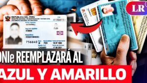 Imagen que muestra manos sosteniendo el nuevo DNI electrónico y varias tarjetas de identidad antiguas en tonos azul y amarillo con una flecha gráfica que indica reemplazo, Ventajas y desventajas del DNI electrónico Perú que debes conocer