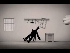 Silueta humana caída en un taller monocromo con herramientas colgadas en un riel, un taburete y una ventana cuadriculada que, por su alto contraste y composición minimalista, evoca condiciones laborales y reflexiona sobre Ventajas y desventajas del domestic system: descubre su impacto real