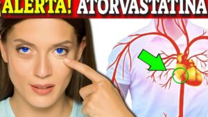 Primer plano de una mujer señalando el contorno del ojo con pupilas azules intensas junto a una ilustración del torso que muestra el corazón y las arterias resaltadas por una flecha verde y un encabezado de alerta sobre atorvastatina, Ventajas y desventajas de las anticonceptivas para decidir
