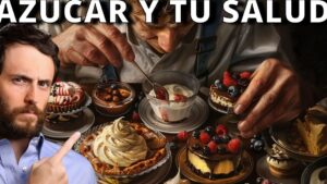 Miniatura ilustrativa que muestra una mesa repleta de pasteles, tartas, postres y frutas mientras unas manos sirven yogur y un hombre con gesto serio señala hacia los dulces, transmitiendo visualmente la idea de Ventajas y desventajas del azúcar en el cuerpo humano real y la tensión entre disfrute y preocupación por la salud.