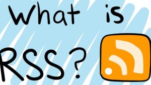 Ilustración con fondo azul claro y rayas blancas que muestra la pregunta manuscrita en inglés 'what is RSS?' junto a un icono naranja del símbolo RSS, Ventajas y desventajas del RSS en empresas: su impacto real.