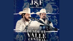 Cartel promocional en tonos azules estilo collage que muestra a dos músicos con sombreros vaqueros y camisas claras cantando frente a micrófonos y tocando un acordeón, con elementos tipográficos destacados que anuncian "En vivo desde el valle central", iluminación de escenario y texturas envejecidas, optimizado para accesibilidad y SEO; Ventajas y desventajas del té verde: efectos y secretos reales