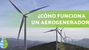 Parque eólico en una cresta montañosa con varios aerogeneradores alineados que se extienden hacia el horizonte bajo un cielo despejado y una franja verde con la pregunta sobre su funcionamiento, imagen informativa y accesible para Energía eólica definición ventajas y desventajas: impactos clave.