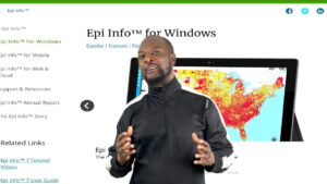 Captura de pantalla de la página Epi Info for Windows que muestra a un presentador con chaqueta deportiva negra delante de una tableta que exhibe un mapa temático de calor de Estados Unidos, barra de navegación lateral y enlaces relacionados, Ventajas y desventajas de Epi Info: descubre si es ideal para ti