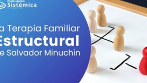 Imagen promocional con diseño dividido: a la izquierda un semicírculo azul con logotipo y texto sobre terapia familiar estructural y a la derecha un tablero blanco con figuras de madera dispuestas en un diagrama de roles —incluida una ficha roja aislada— que visualiza y facilita la comprensión y accesibilidad de las Ventajas y desventajas de la estructura familiar y administrativa