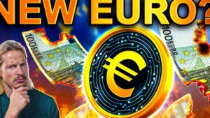Miniatura de vídeo que muestra una gran moneda digital con el símbolo del euro brillante en el centro sobre un fondo de llamas, billetes de euro chamuscados alrededor, texto llamativo en la parte superior y un hombre pensativo a la izquierda, ilustrando el tema Ventajas y desventajas del euro digital: impacto real y futuro.