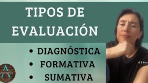 Cartel horizontal con fondo verde que muestra a la izquierda el título TIPOS DE EVALUACIÓN y una lista con viñetas DIAGNÓSTICA, FORMATIVA y SUMATIVA, junto a la derecha la fotografía de una mujer pensativa, diseñado para facilitar la comprensión visual y accesible de conceptos educativos y apoyar contenidos sobre Ventajas y desventajas de evaluación diagnóstica y su impacto en el aprendizaje y la planificación docente.