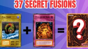 Imagen tipo miniatura que muestra dos cartas de Yu‑Gi‑Oh combinadas como fusión secreta: a la izquierda la carta amarilla Zone Eater y en el centro la carta trampa rosa Widespread Ruin que igualan a una contraportada de carta con un gran signo de interrogación, sobre un fondo morado con rayos y el título grande en la parte superior Yu gi oh forbidden memories ventajas y desventajas para dominar.