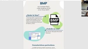 Infografía vertical que explica el formato BMP con título grande e icono de archivo BMP, secciones claras como ¿Quién lo hizo? y ¿Cuándo se creó? con texto sobre su origen en sistemas Microsoft Windows, una captura de pantalla ilustrativa, manchas de color verde y azul para destacar las características particulares, miniaturas de videollamada en el borde y en el pie un resumen orientado a SEO Ventajas y desventajas de formato bmp: calidad y limitaciones clave