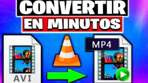 Imagen promocional con fondo degradado azul y texto grande "CONVERTIR EN MINUTOS" que muestra a la izquierda un icono de archivo AVI con miniaturas de globos aerostáticos, en el centro el cono naranja de VLC y una flecha verde apuntando hacia la derecha a un icono de archivo MP4 con etiqueta y botón de reproducción, ilustrando la conversión de AVI a MP4 con instrucciones visuales; Ventajas y desventajas del formato mp4: descubre si es ideal para ti.