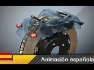 Imagen detallada de un sistema de freno de disco que muestra un rotor metálico, una pinza translúcida azul y pastillas resaltadas en rojo junto a una bandera española y la leyenda "Animación española" para mejorar la accesibilidad y el SEO, Ventajas y desventajas frenos de disco: ¿son la mejor opción?