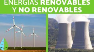 Imagen dividida que muestra a la izquierda varios aerogeneradores en un campo con un icono de hoja verde y a la derecha dos altas torres de refrigeración de una central eléctrica que emiten vapor, ilustrando Ventajas y desventajas de las fuentes de energía tradicionales