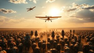 Extensa manada de ganado avanzando por una llanura polvorienta al atardecer, acompañada por vaqueros a caballo y dos avionetas que sobrevuelan la escena bañada en luz dorada, evocando Ventajas y desventajas de la ganadería intensiva y su impacto en el paisaje, la gestión y el bienestar animal.
