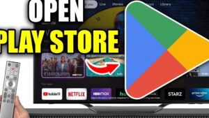 Imagen de un televisor con la interfaz de Google TV que muestra iconos de apps de streaming como YouTube TV, Netflix, HBO Max, Hulu y Prime Video, un control remoto sostenido en primer plano y un gran logotipo del Play Store superpuesto, perfecta para ilustrar una guía titulada 'Ventajas y desventajas de Google TV: ¿es la mejor opción para ti?'.