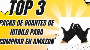Banner promocional en tonos amarillo y blanco con tipografía negra en negrita que anuncia packs de guantes de nitrilo para comprar en Amazon y muestra manos con guantes negros, Guantes de nitrilo ventajas y desventajas: resistencia y protección, resaltando su uso profesional y protección higiénica.