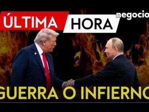 Fotografía de portada estilo noticia que muestra a dos hombres con trajes estrechándose la mano frente a un fondo de llamas y titulares en rojo y amarillo que evocan urgencia y conflicto, acompañada de la frase Ventajas y desventajas de la guerra de Ucrania y Rusia: impacto clave para resumir visualmente el drama mediático y el posible alcance geopolítico y social.