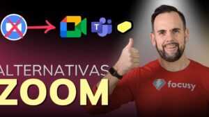Miniatura que muestra a un hombre sonriente con camiseta roja y pulgar hacia arriba junto al texto grande "ALTERNATIVAS ZOOM" y una fila de iconos con el logo de Zoom tachado y alternativas como Google Meet y Microsoft Teams, Ventajas y desventajas herramientas de videoconferencia clave para ti