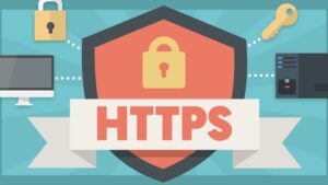 Ilustración en estilo plano que muestra un gran escudo con un candado y una banda con la palabra HTTPS, conectada mediante puntos a un ordenador, un servidor, una llave y otro candado, representando visualmente la comparación y el mensaje Ventajas y desventajas de HTTP y HTTPS: seguridad y rendimiento clave en la protección de la comunicación web.