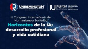 Banner de congreso internacional sobre Humanismo y Sociedad con fondo azul oscuro, logos universitarios en la parte superior, título destacado "Horizontes de la IA: desarrollo profesional y vida cotidiana", imagen de una mano robótica translúcida señalando conexiones digitales y llamada a debatir Ventajas y desventajas de la IA en la medicina y su impacto