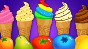 Ilustración colorida de varios conos de helado con cremas en tonos rosa (con una fresa), crema con confites, arcoíris, vainilla con virutas y chocolate sobre un fondo morado, acompañados en primer plano por frutas brillantes como pera, tomate rojo, arándano y un cítrico amarillo; Icecream video editor ventajas y desventajas: ¿vale la pena usarlo?