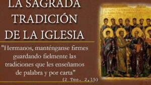 Cartel religioso con el título "La Sagrada Tradición de la Iglesia", fondo marrón, tipografía blanca y líneas doradas, una cita bíblica que exhorta a mantener las tradiciones y a la derecha un icono bizantino de apóstoles con aureolas que ilustra Ventajas y desventajas de la iglesia católica y su impacto real