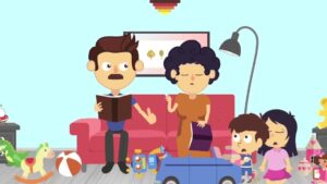 Ilustración de una sala de estar con un padre de bigote leyendo en el sofá, una madre de cabello rizado sosteniendo un libro y dos niños jugando entre juguetes esparcidos que refleja dinámica familiar y roles domésticos, Ventajas y desventajas de igualdad de género: descubre su impacto real