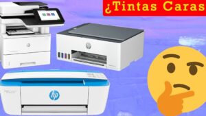 Imagen que muestra tres impresoras HP de distintos tipos (multifunción, tanque de tinta y doméstica) sobre un fondo violeta con un emoji pensativo a la derecha y un recuadro rojo que alude al alto costo de tintas, Ventajas y desventajas de la impresora HP: ¿vale la pena comprarla?