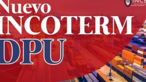 Cartel informativo en rojo y azul con el titular "Nuevo INCOTERM DPU" superpuesto a una fotografía de una terminal portuaria con grúas y filas de contenedores que sirve como ilustración visual para Ventajas y desventajas del incoterms dpu para comercio internacional