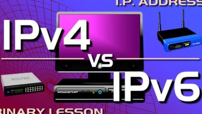 Imagen de portada que muestra un diseño comparativo con el texto grande "IPv4 vs IPv6", un monitor, una caja negra tipo dispositivo de red y varios routers cableado e inalámbrico sobre un fondo violeta con retícula de red, optimizada para temas de Ipv4 vs ipv6 ventajas y desventajas: cuál es mejor para tu red.