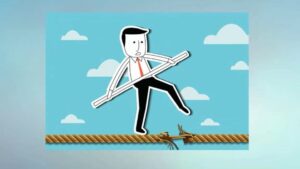Ilustración de un personaje con traje y corbata roja caminando sobre una cuerda floja que está a punto de romperse y sujetando una barra para mantener el equilibrio, representando los riesgos fiscales y la tensión entre empresas y consumidores; Ventajas y desventajas del IVA en Bolivia: descubre su impacto real, guía optimizada y accesible sobre impuestos, economía y políticas públicas.